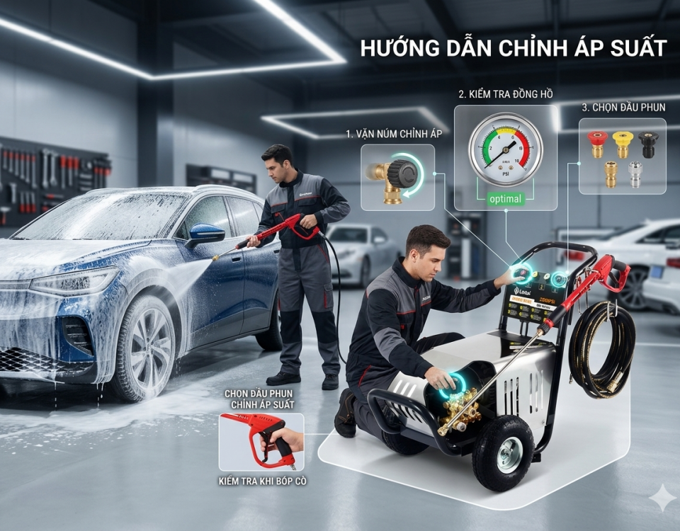 Cách chỉnh áp suất máy rửa xe cáo áp